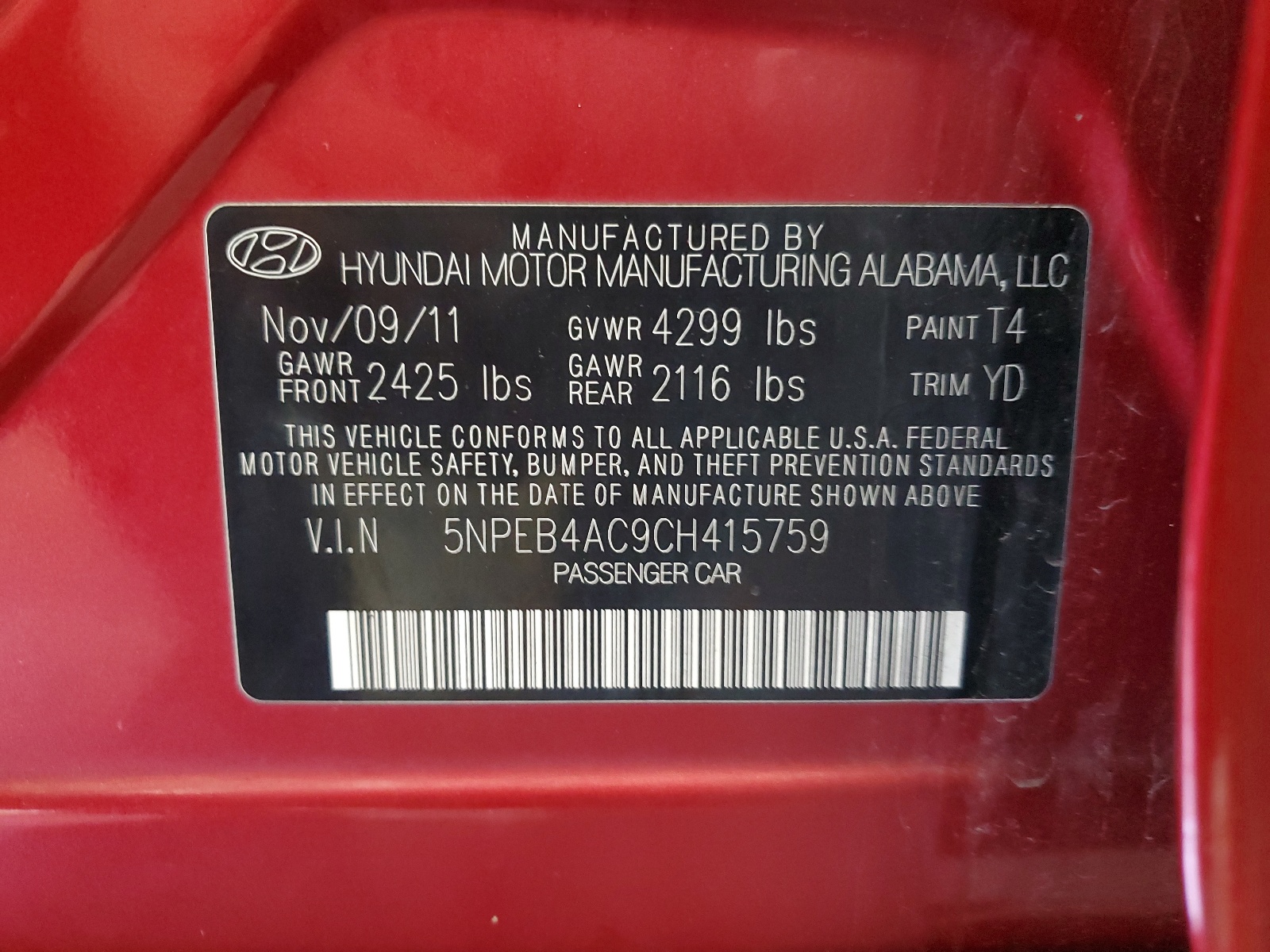 5NPEB4AC9CH415759 2012 Hyundai Sonata Gls