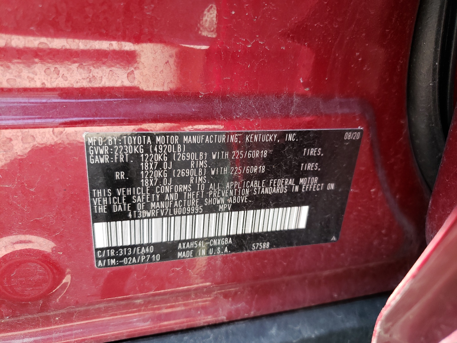 4T3DWRFV7LU009995 2020 Toyota Rav4 Limited