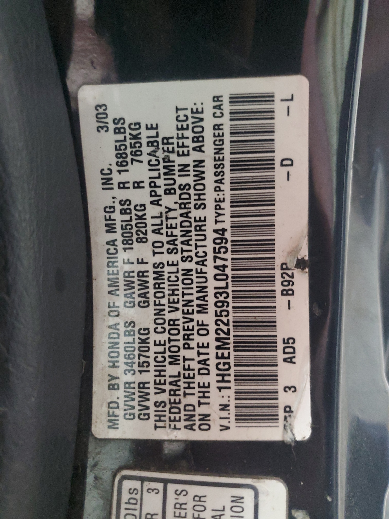 1HGEM22593L047594 2003 Honda Civic Lx