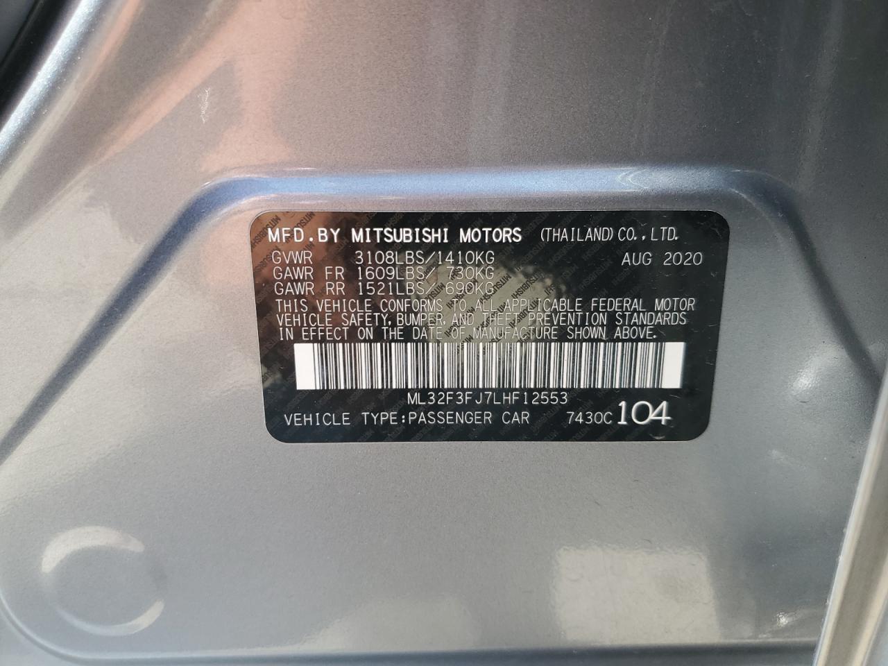 2020 Mitsubishi Mirage G4 Es VIN: ML32F3FJ7LHF12553 Lot: 64863974