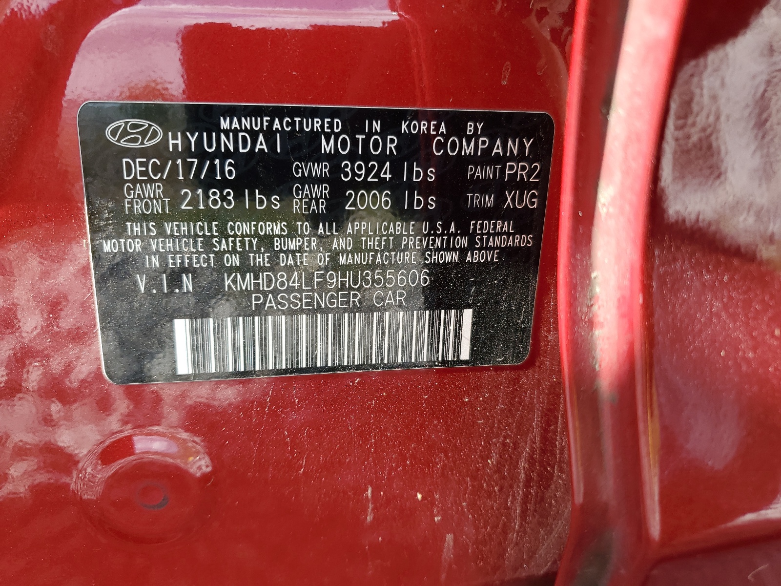 KMHD84LF9HU355606 2017 Hyundai Elantra Se