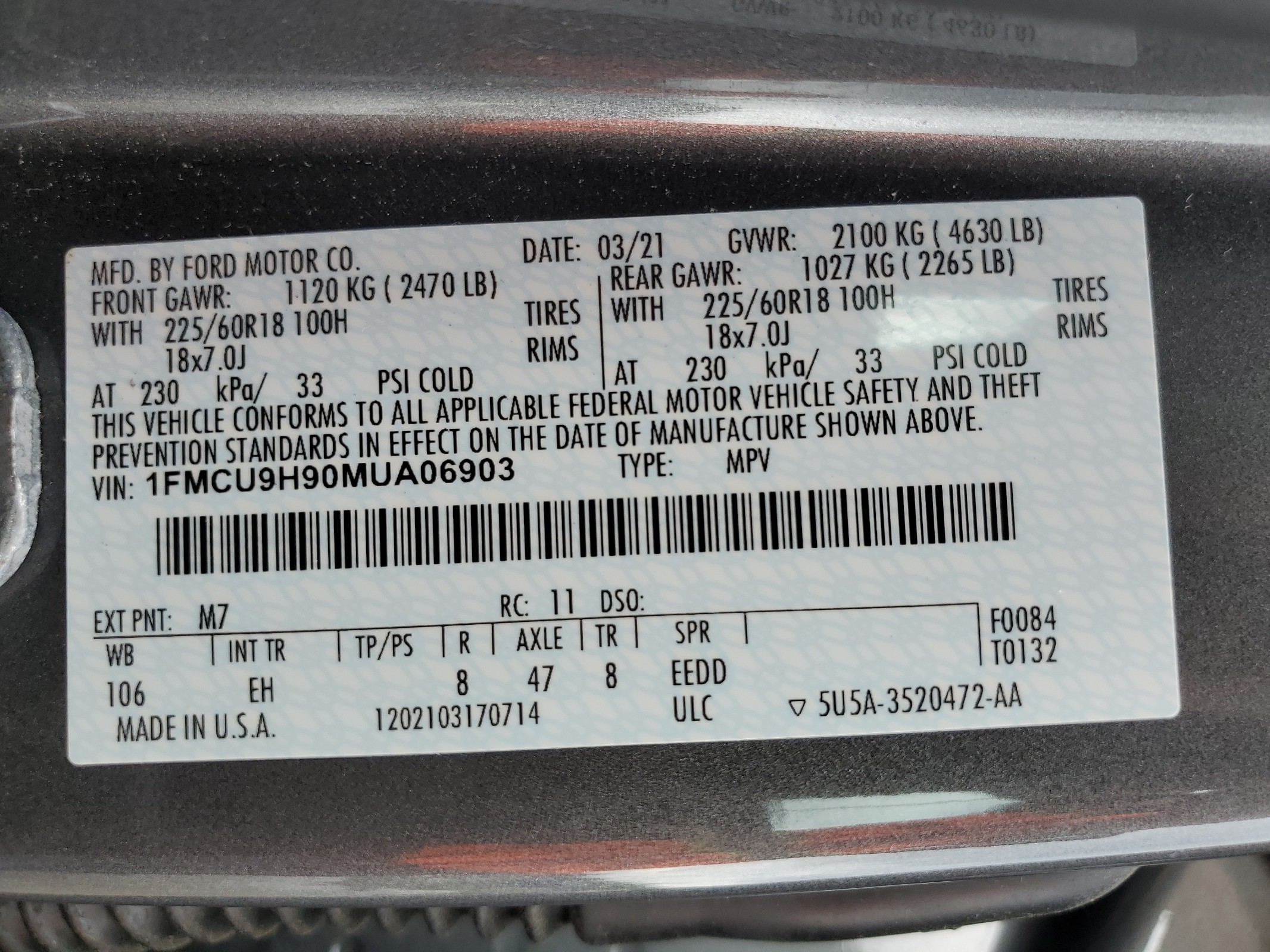 1FMCU9H90MUA06903 2021 Ford Escape Sel