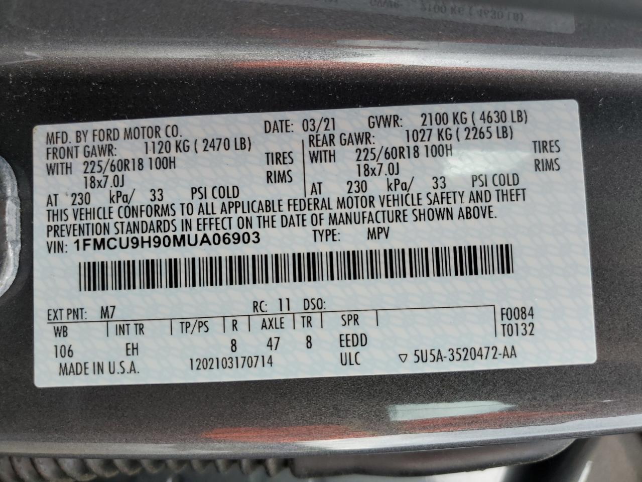 2021 Ford Escape Sel VIN: 1FMCU9H90MUA06903 Lot: 64955144