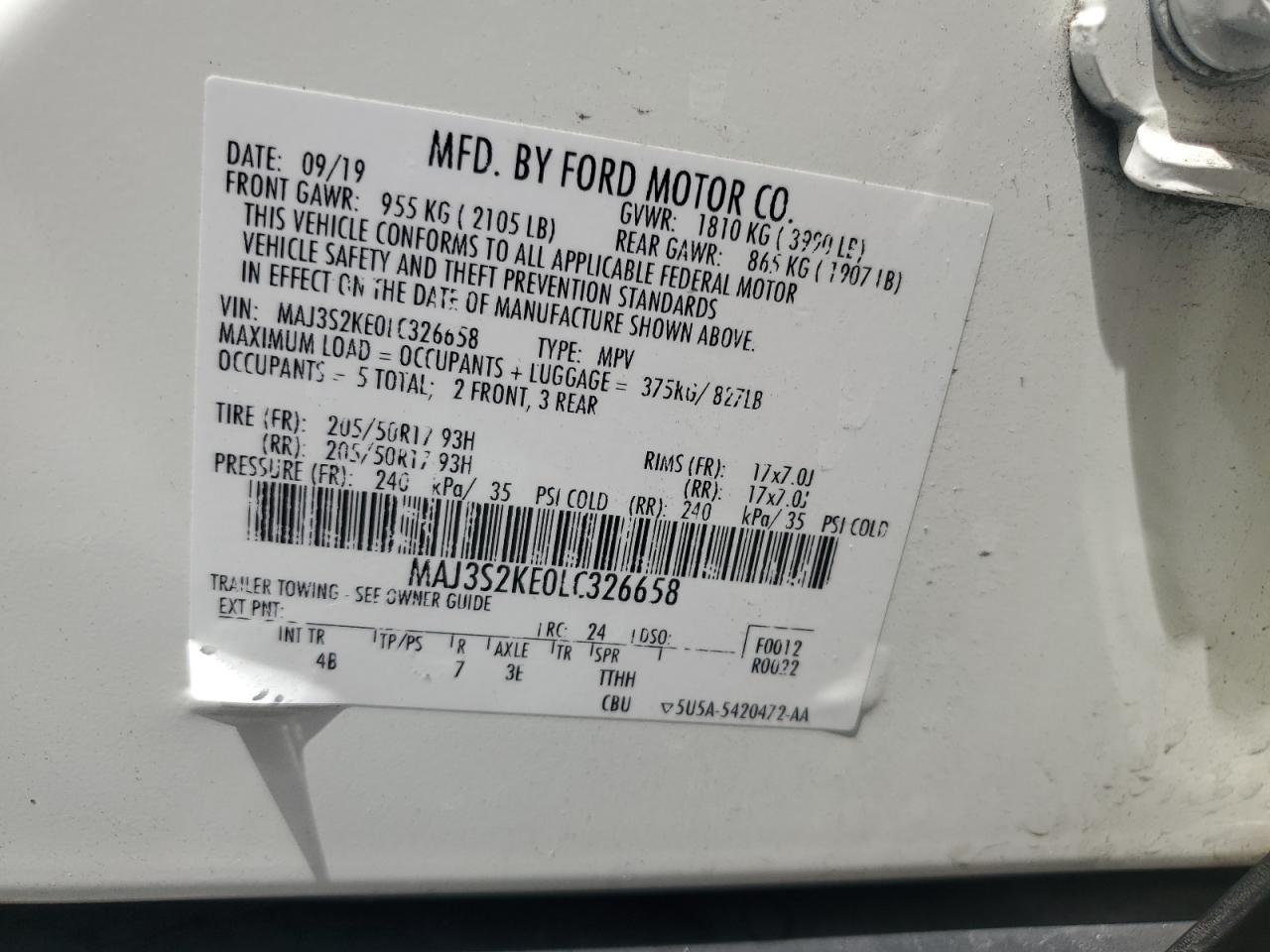 2020 Ford Ecosport Titanium VIN: MAJ3S2KE0LC326658 Lot: 64912224