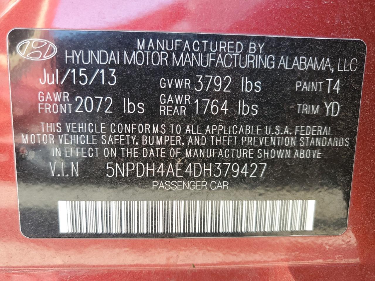 5NPDH4AE4DH379427 2013 Hyundai Elantra Gls