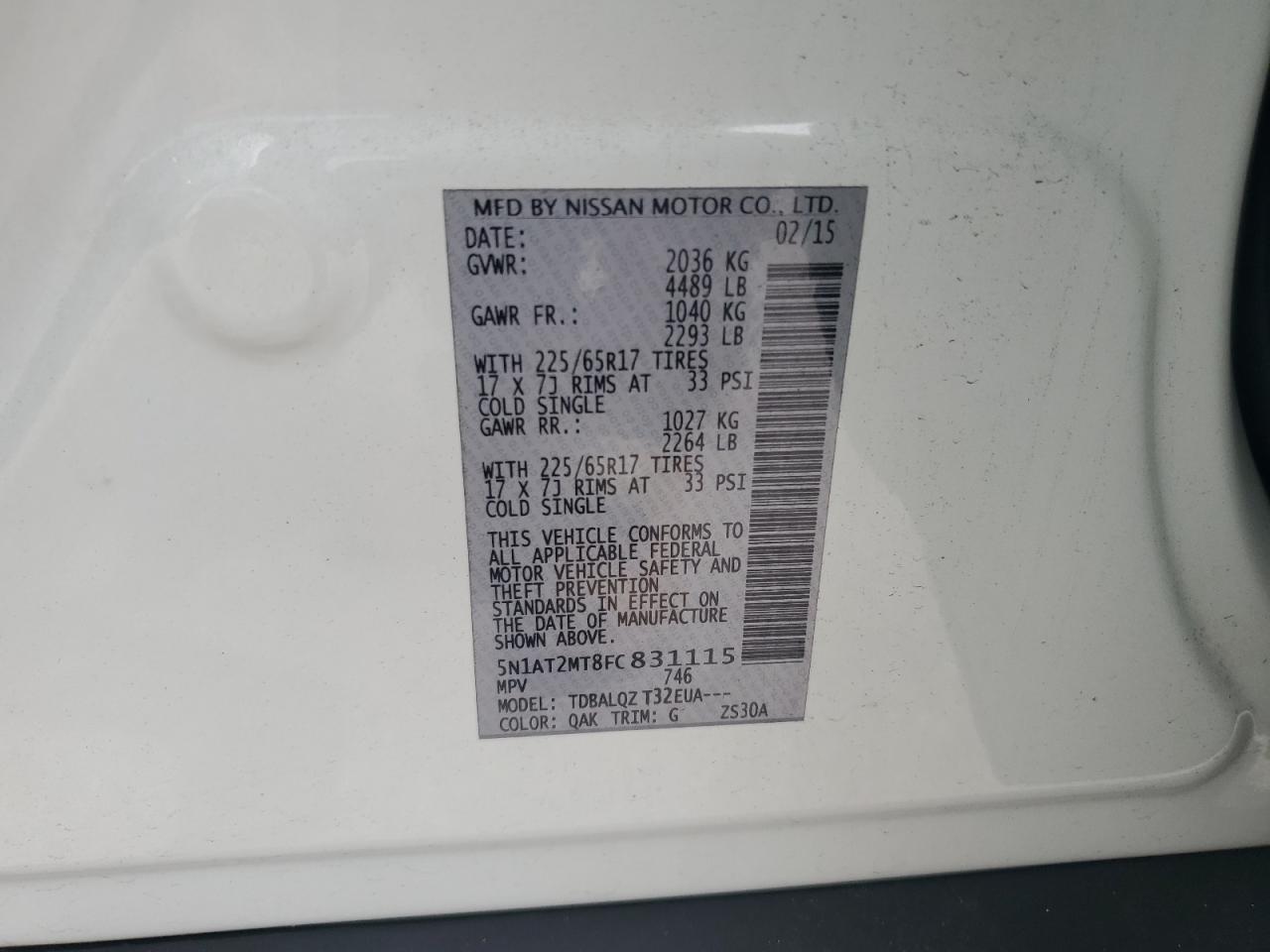 2015 Nissan Rogue S VIN: 5N1AT2MT8FC831115 Lot: 64841294