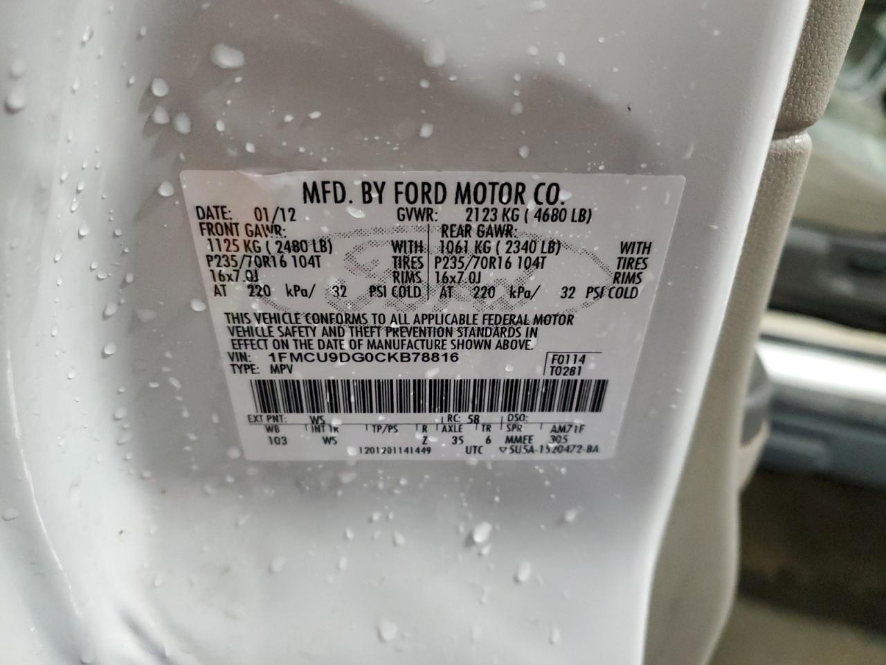 2012 Ford Escape Xlt VIN: 1FMCU9DG0CKB78816 Lot: 61425854