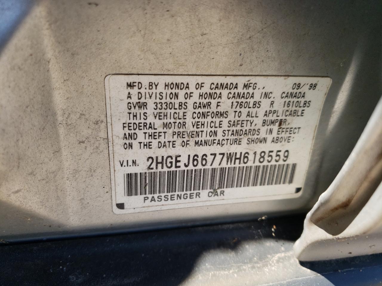 1998 Honda Civic Lx VIN: 2HGEJ6677WH618559 Lot: 63646964