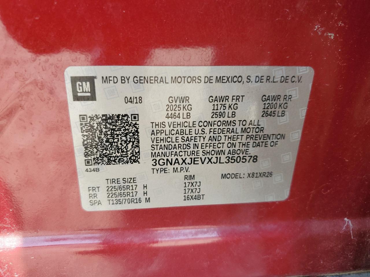 2018 Chevrolet Equinox Lt VIN: 3GNAXJEVXJL350578 Lot: 63430224