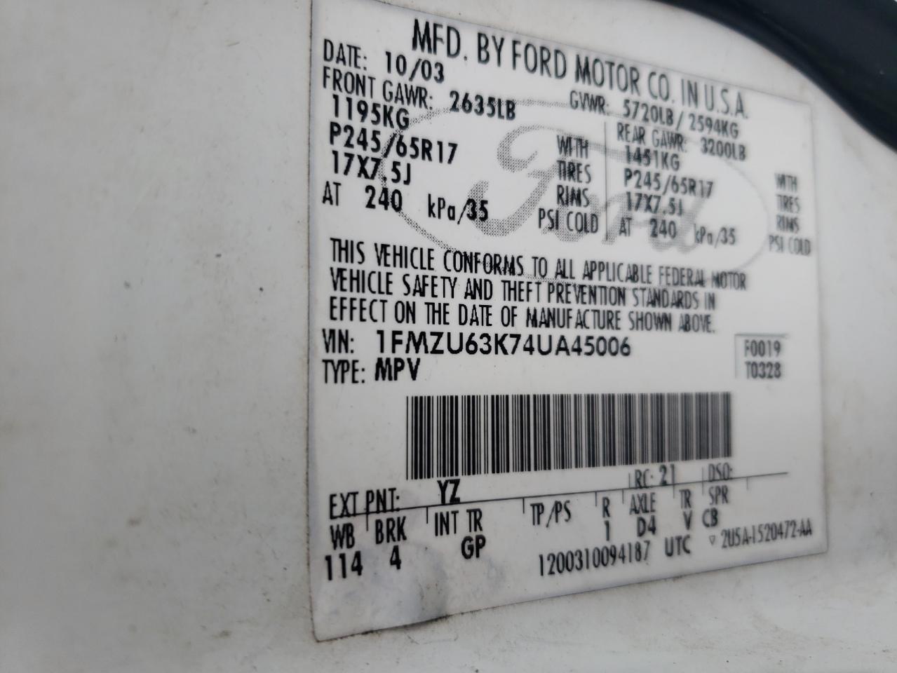 2004 Ford Explorer Xlt VIN: 1FMZU63K74UA45006 Lot: 63635024