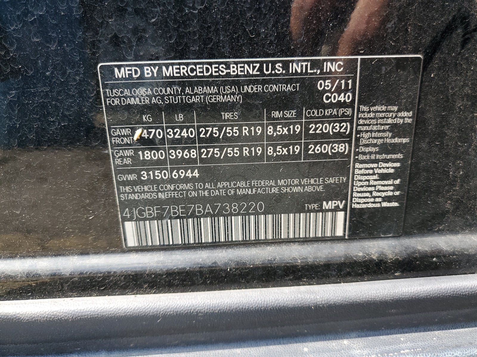 4JGBF7BE7BA738220 2011 Mercedes-Benz Gl 450 4Matic