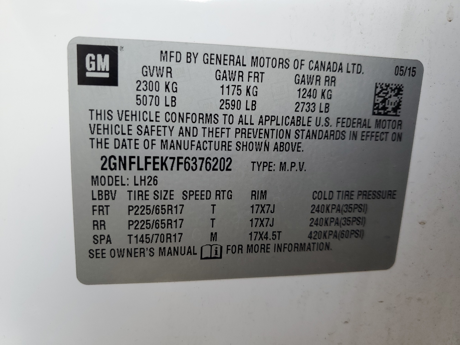 2GNFLFEK7F6376202 2015 Chevrolet Equinox Lt