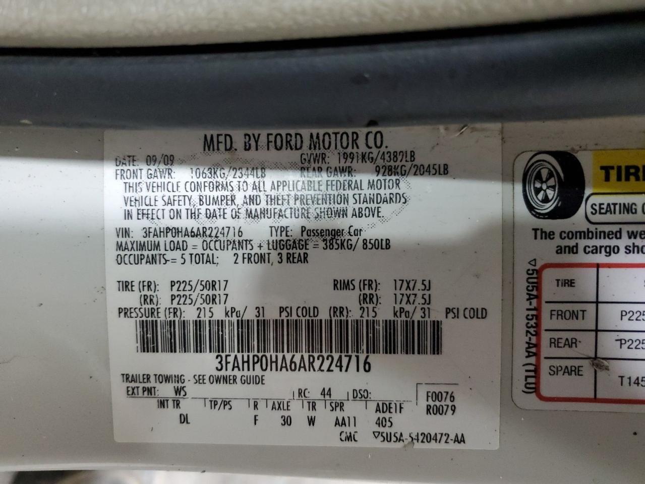 2010 Ford Fusion Se VIN: 3FAHP0HA6AR224716 Lot: 63240414