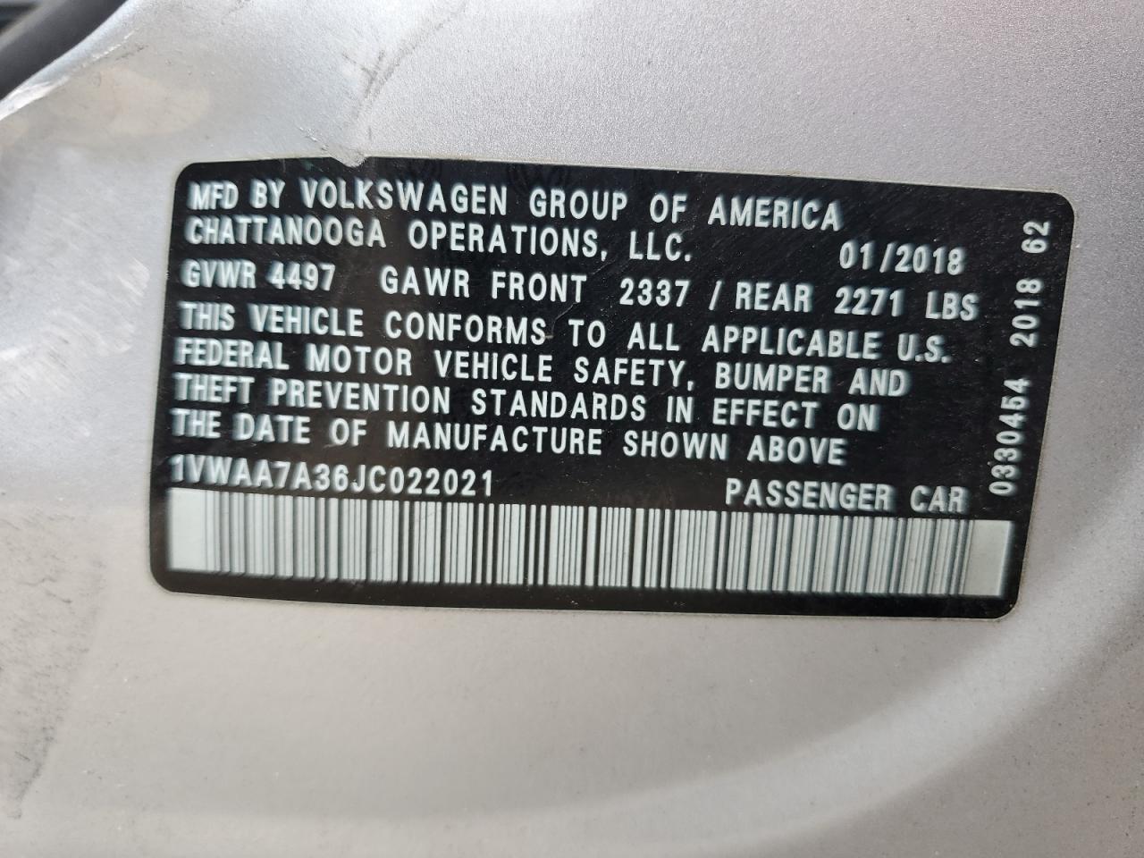 1VWAA7A36JC022021 2018 Volkswagen Passat S