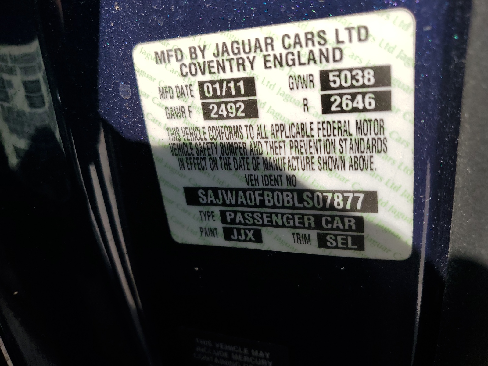 SAJWA0FB0BLS07877 2011 Jaguar Xf