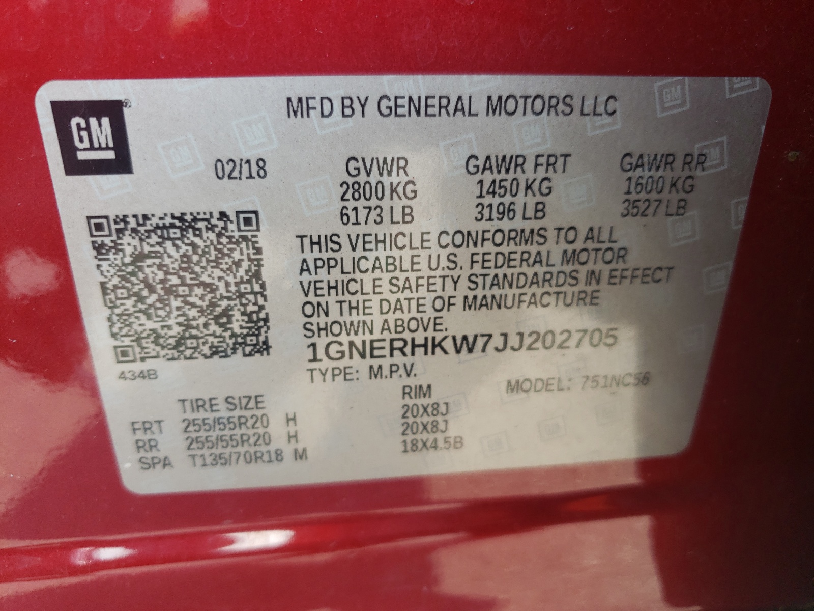 1GNERHKW7JJ202705 2018 Chevrolet Traverse Lt