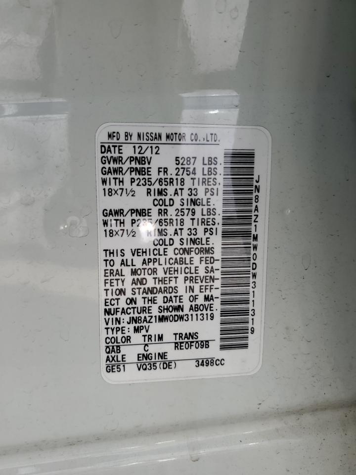 2013 Nissan Murano S VIN: JN8AZ1MW0DW311319 Lot: 63025524