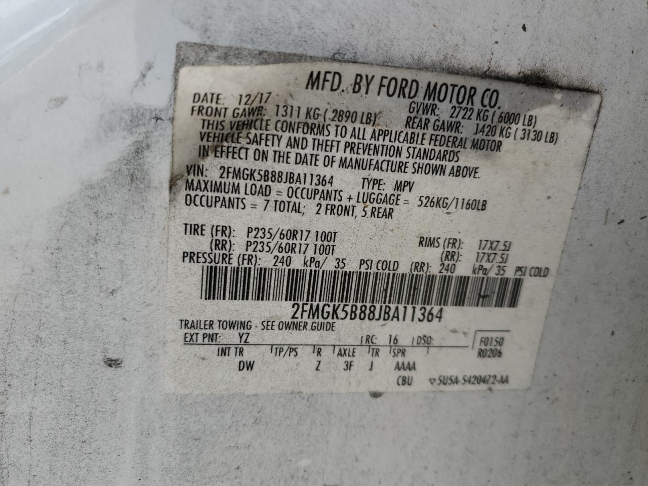 2018 Ford Flex Se VIN: 2FMGK5B88JBA11364 Lot: 60982184