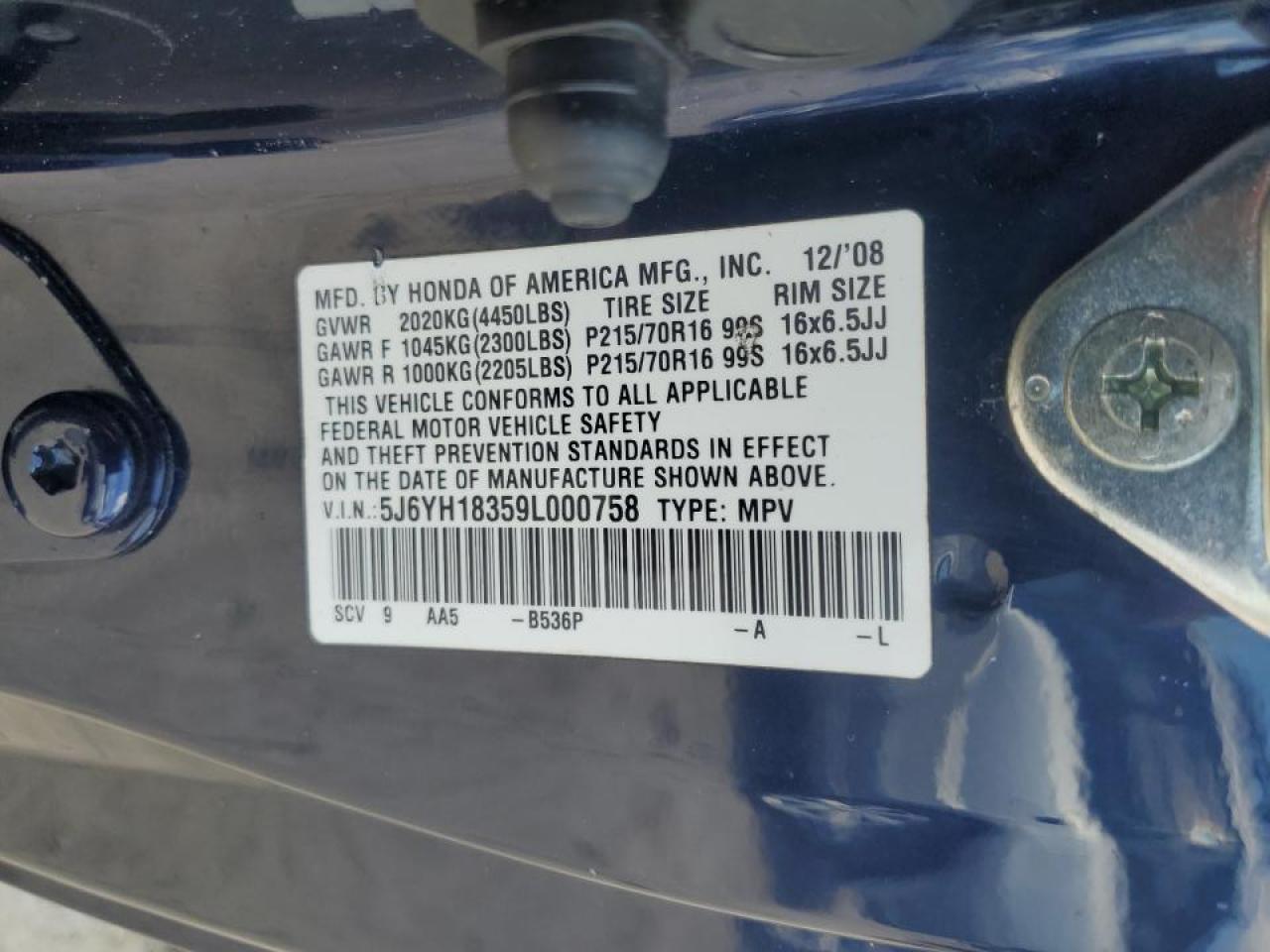 2009 Honda Element Lx VIN: 5J6YH18359L000758 Lot: 65110654