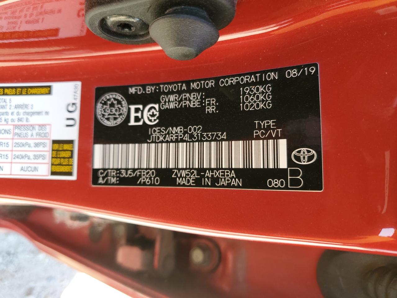 2020 Toyota Prius Prime Le VIN: JTDKARFP4L3133734 Lot: 62939564