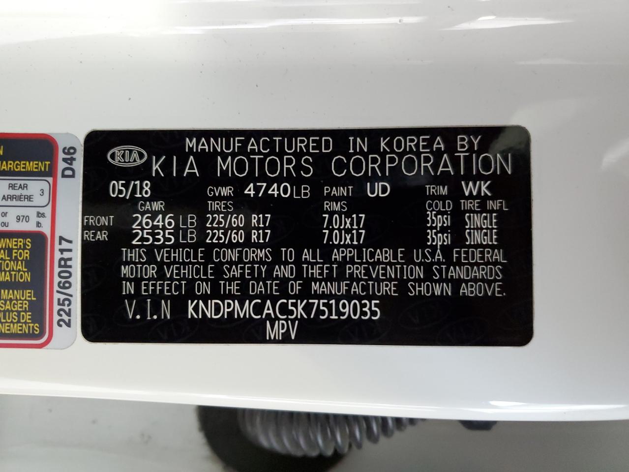 2019 Kia Sportage Lx VIN: KNDPMCAC5K7519035 Lot: 61274874