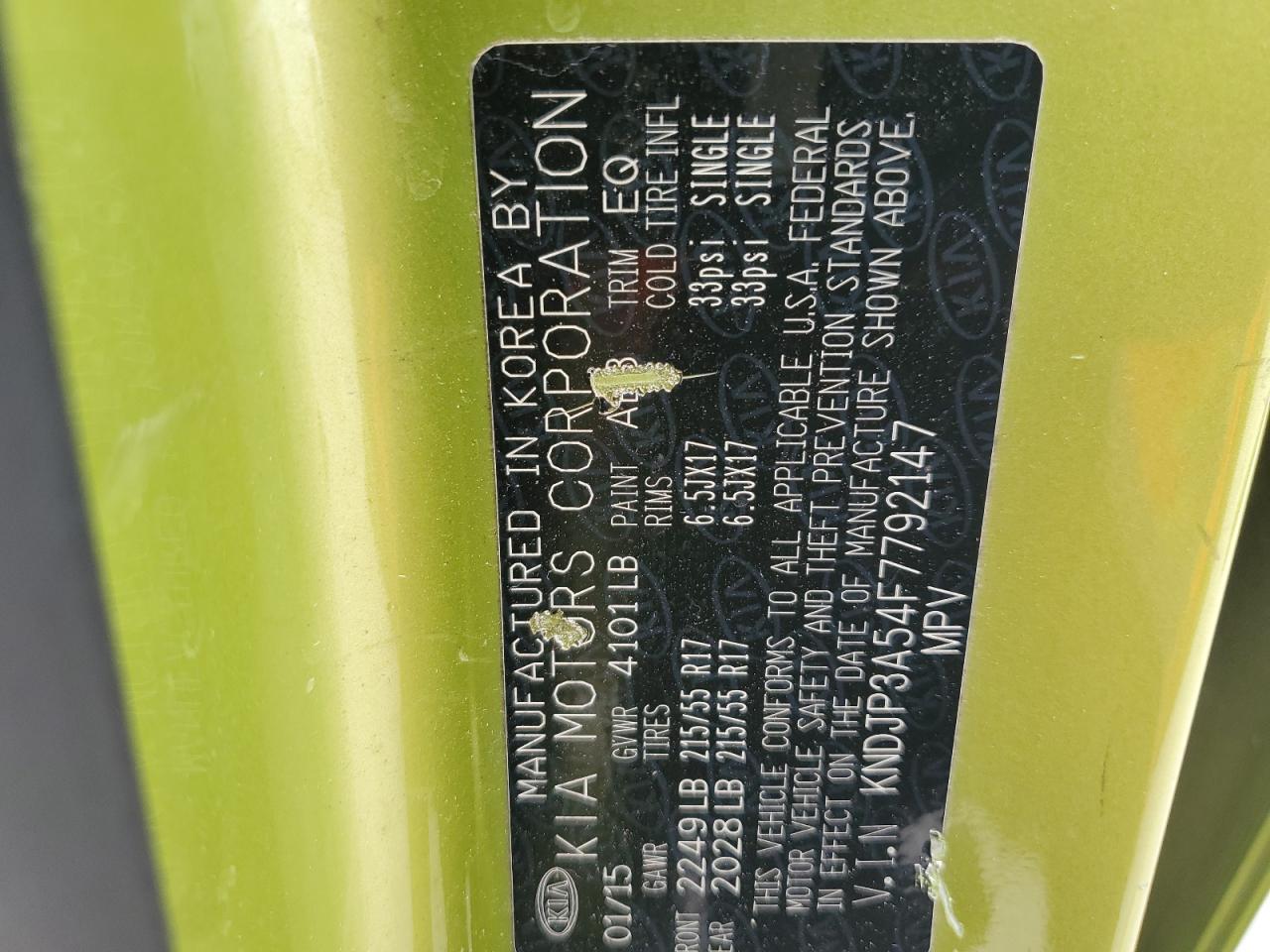 2015 Kia Soul + VIN: KNDJP3A54F7792147 Lot: 63620664