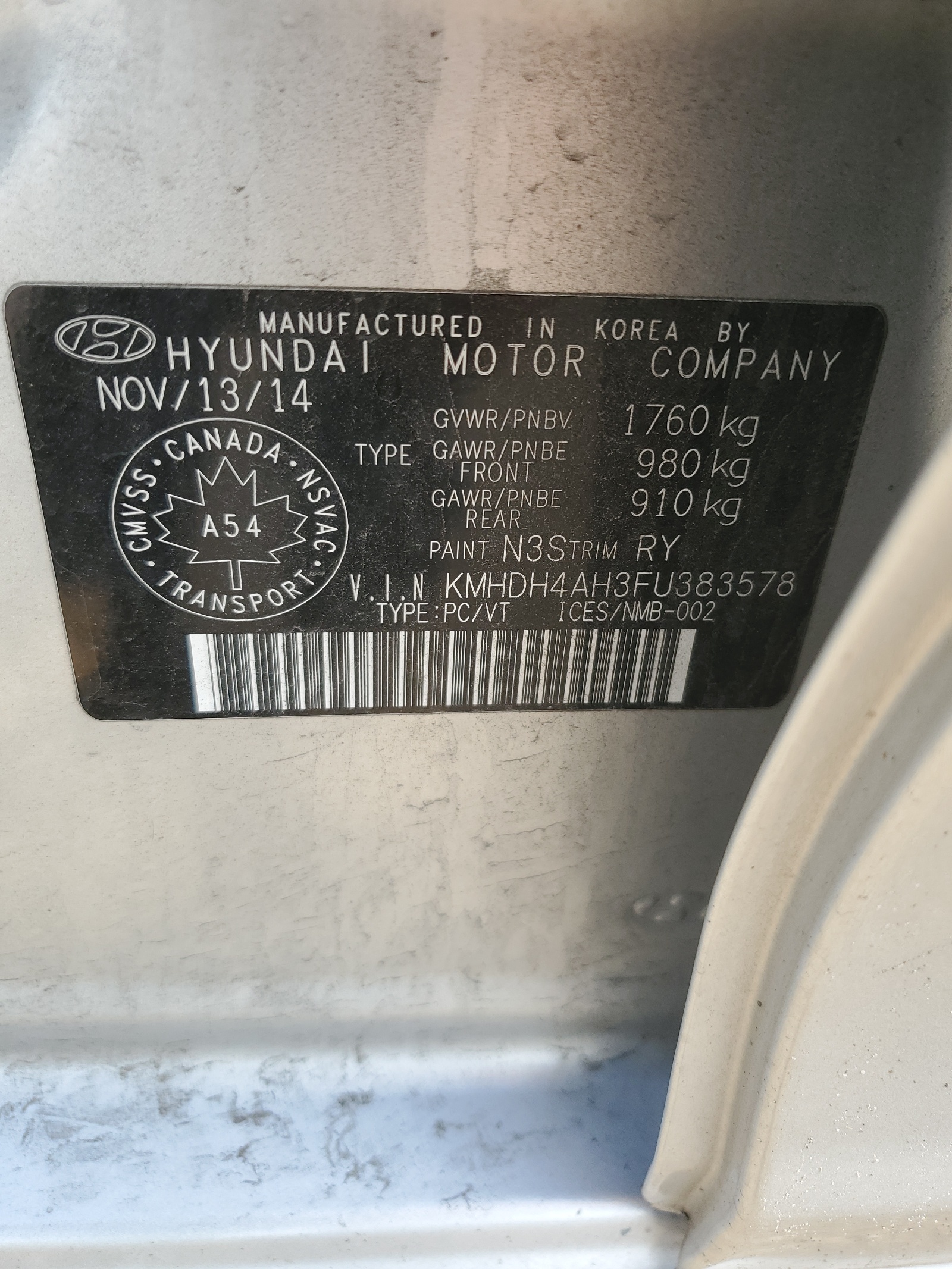 KMHDH4AH3FU383578 2015 Hyundai Elantra Se
