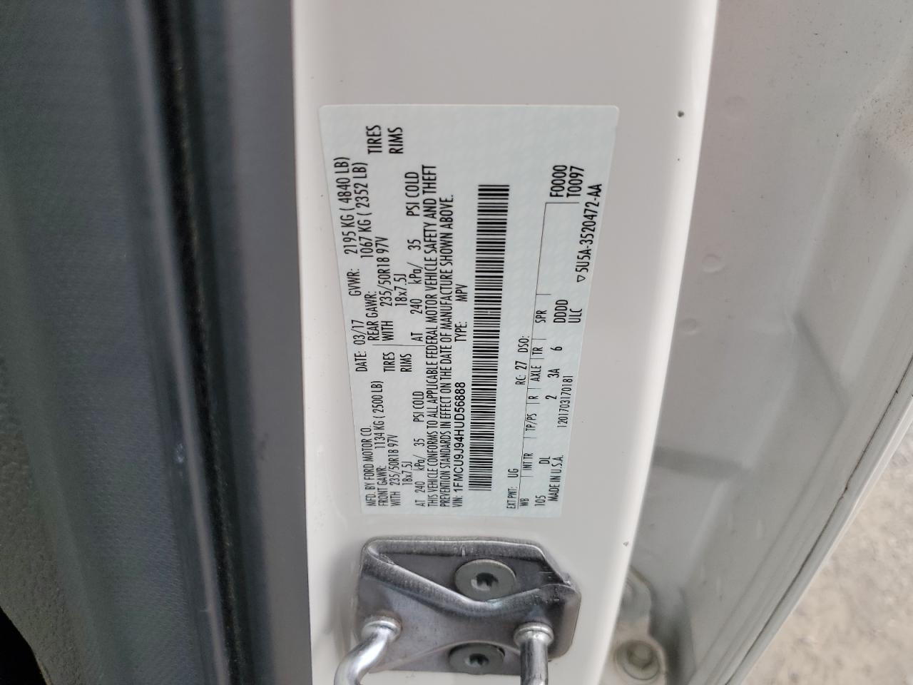 2017 Ford Escape Titanium VIN: 1FMCU9J94HUD56888 Lot: 63668704