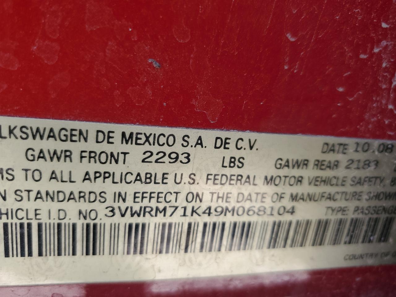 2009 Volkswagen Jetta Se VIN: 3VWRM71K49M068104 Lot: 62693384