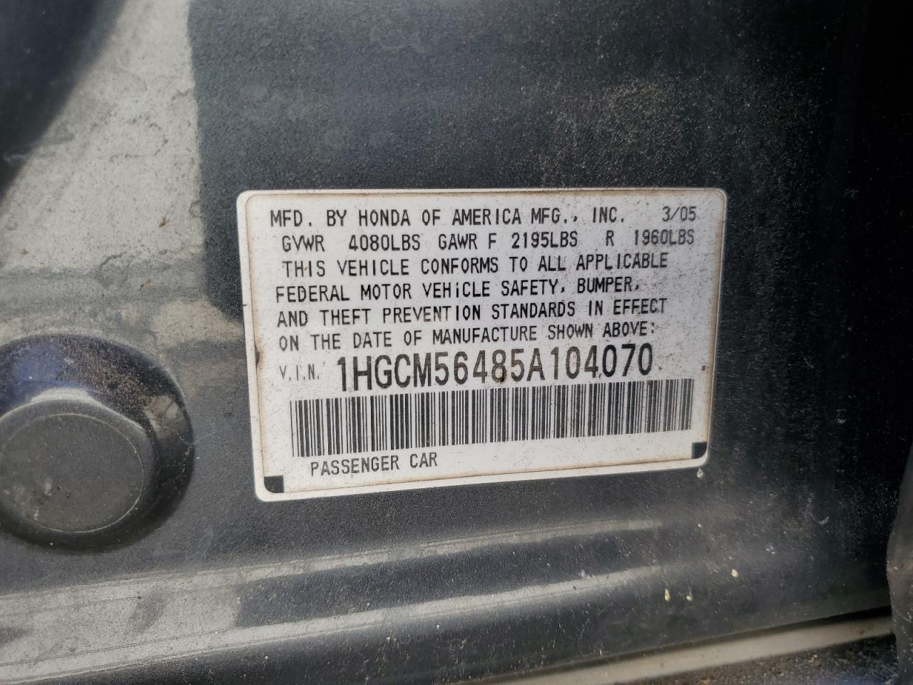 2005 Honda Accord Lx VIN: 1HGCM56485A104070 Lot: 65381084