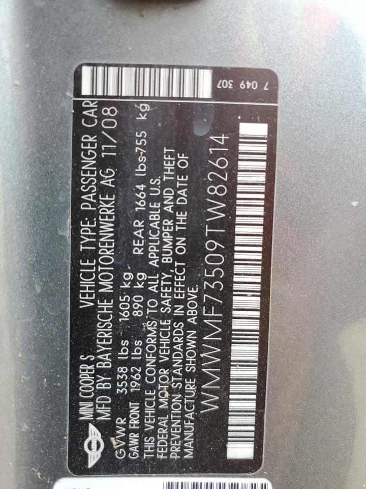 2009 Mini Cooper S VIN: WMWMF73509TW82614 Lot: 62307534