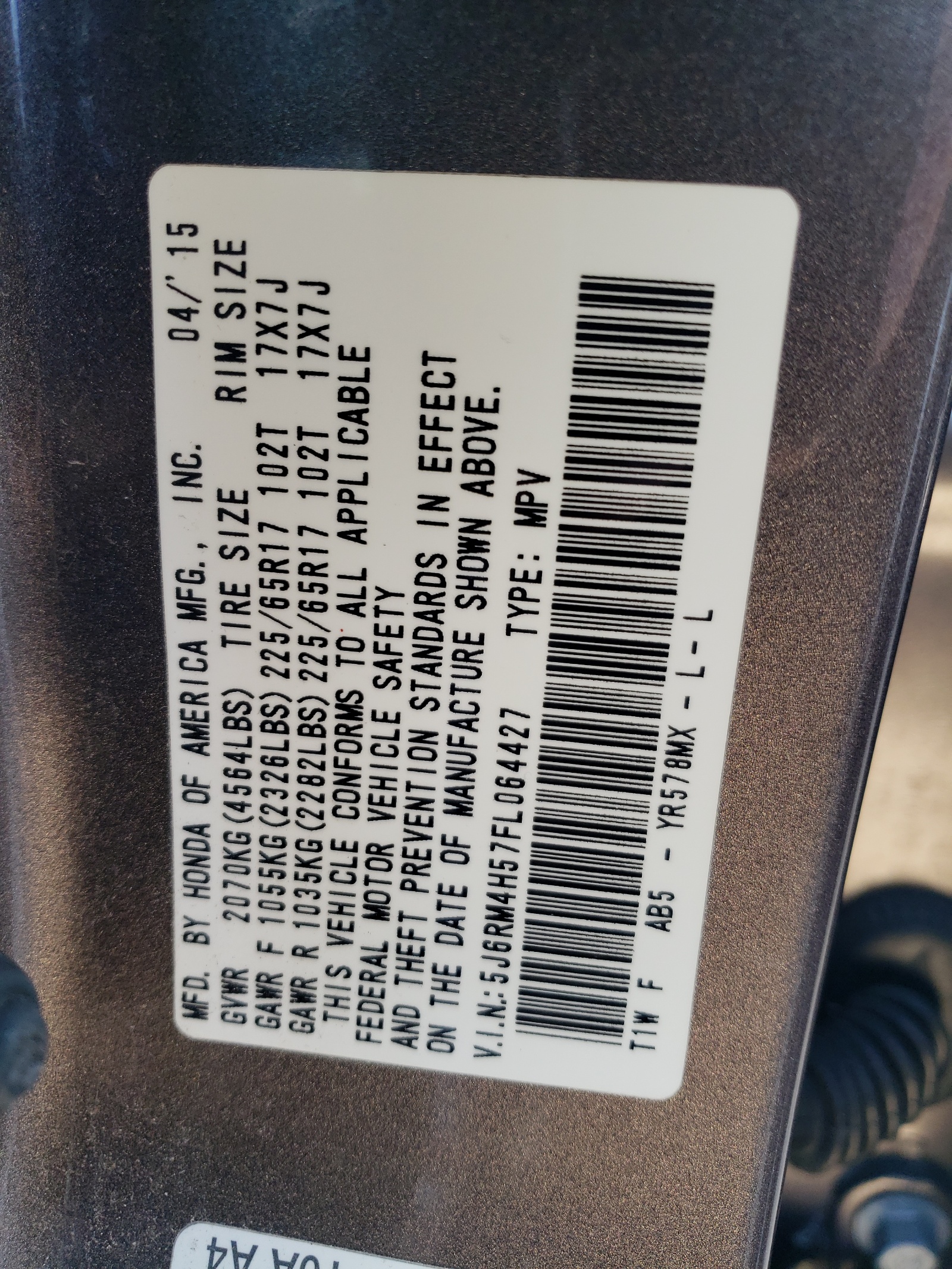 5J6RM4H57FL064427 2015 Honda Cr-V Ex