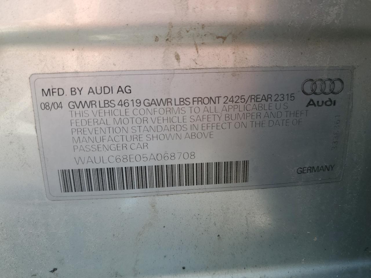 2005 Audi A4 1.8T Quattro VIN: WAULC68E05A068708 Lot: 63413774