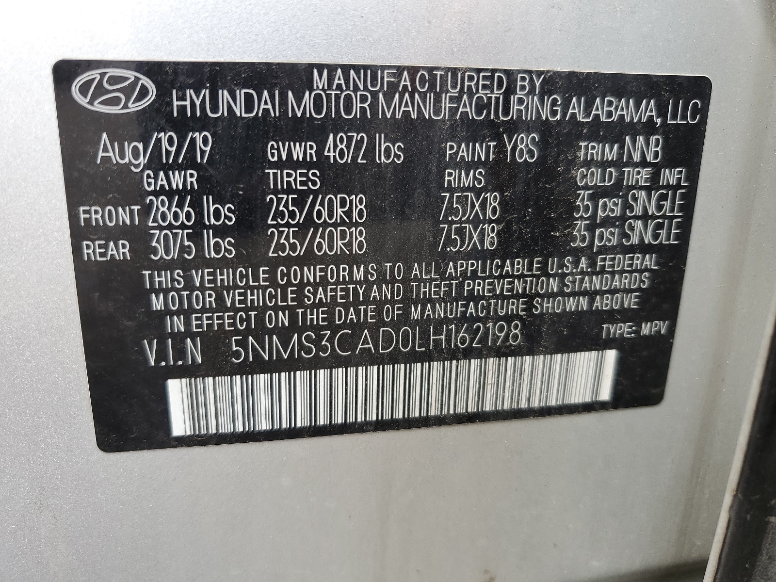 5NMS3CAD0LH162198 2020 Hyundai Santa Fe Sel