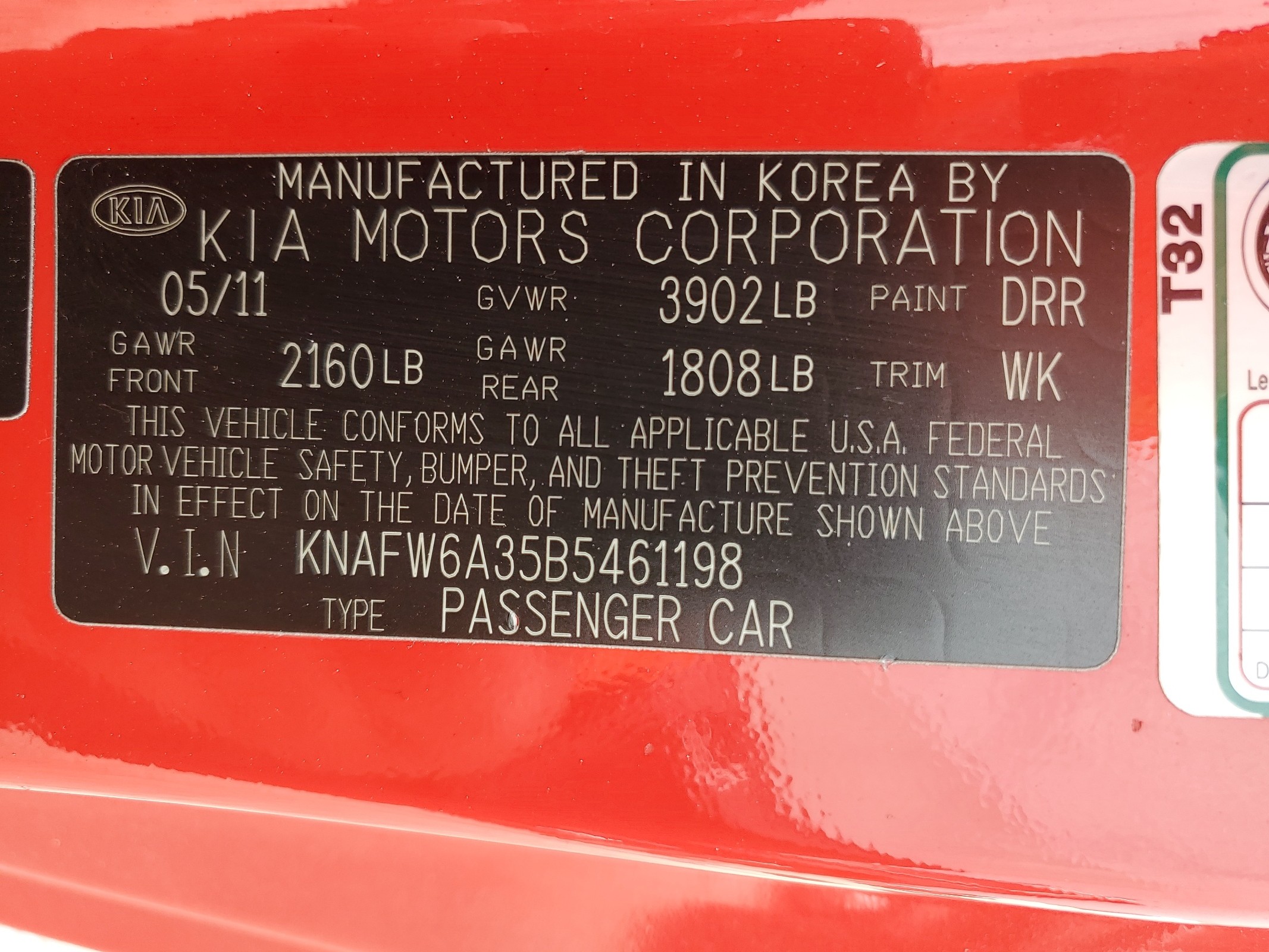 KNAFW6A35B5461198 2011 Kia Forte Sx