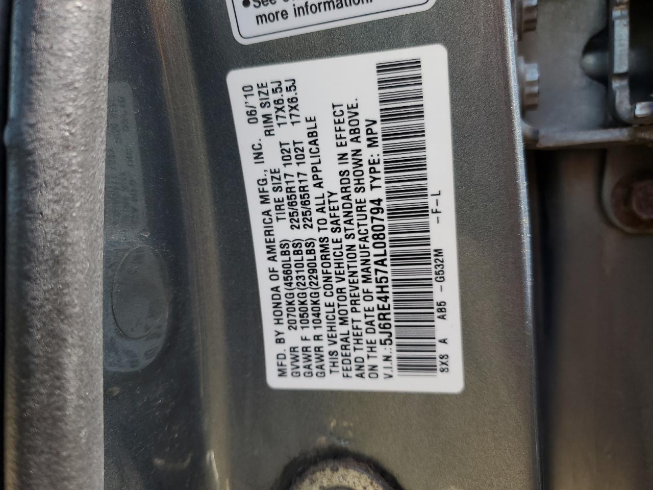 2010 Honda Cr-V Ex VIN: 5J6RE4H57AL080794 Lot: 63041404