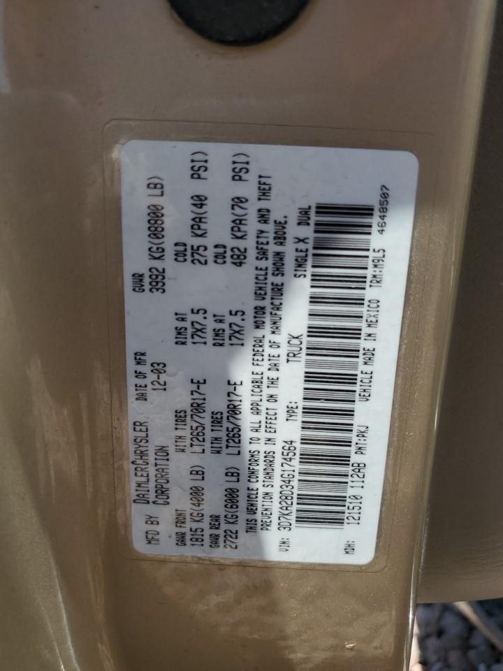 2004 Dodge Ram 2500 St VIN: 3D7KA28D34G174564 Lot: 61725724