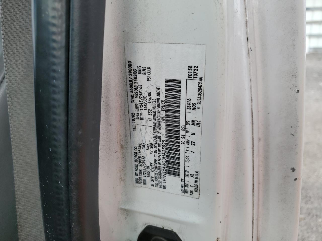 2003 Ford Econoline E250 Van VIN: 1FTNE24W33HA35025 Lot: 62431384