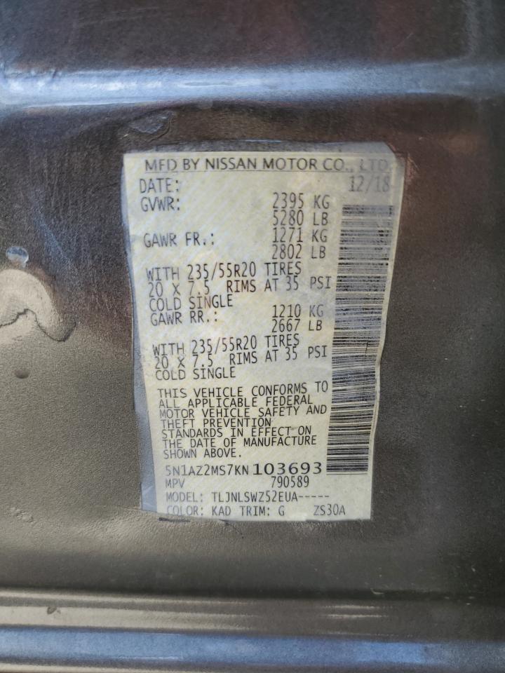 2019 Nissan Murano S VIN: 5N1AZ2MS7KN103693 Lot: 65393604