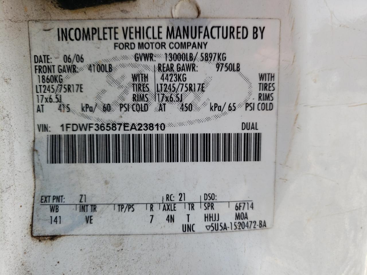 2007 Ford F350 Super Duty VIN: 1FDWF36587EA23810 Lot: 61898334