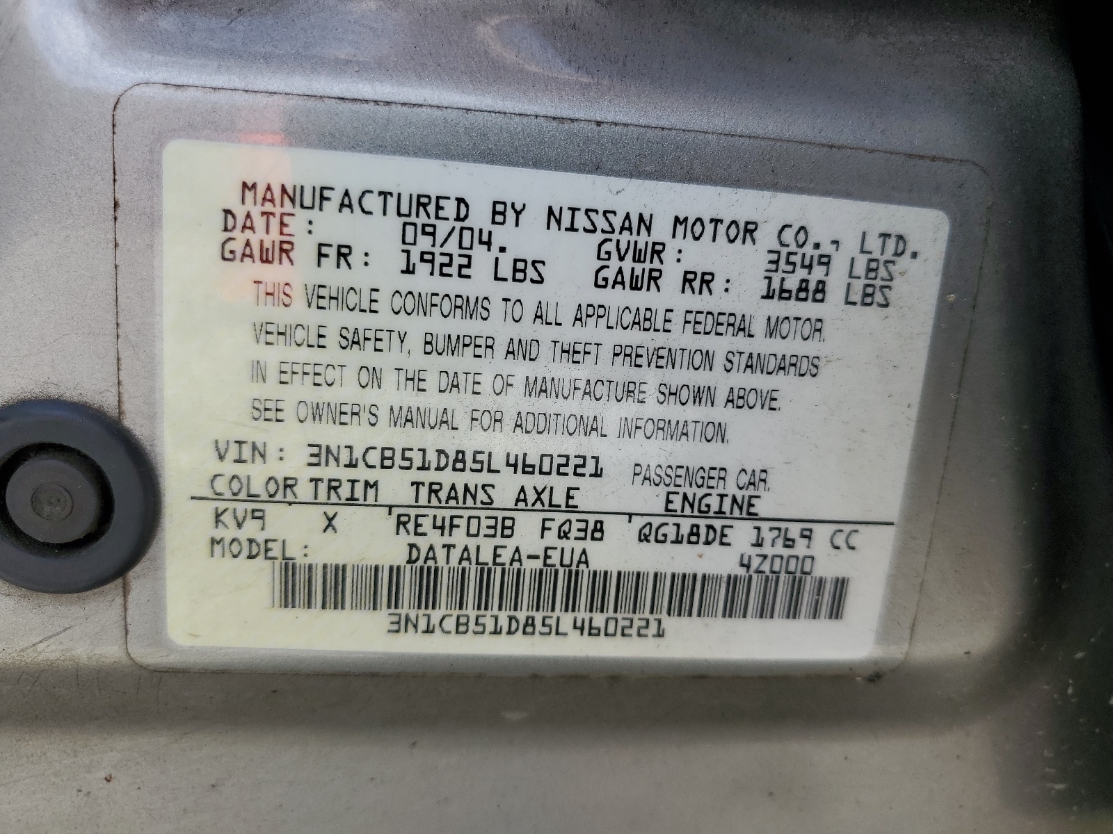 3N1CB51D85L460221 2005 Nissan Sentra 1.8