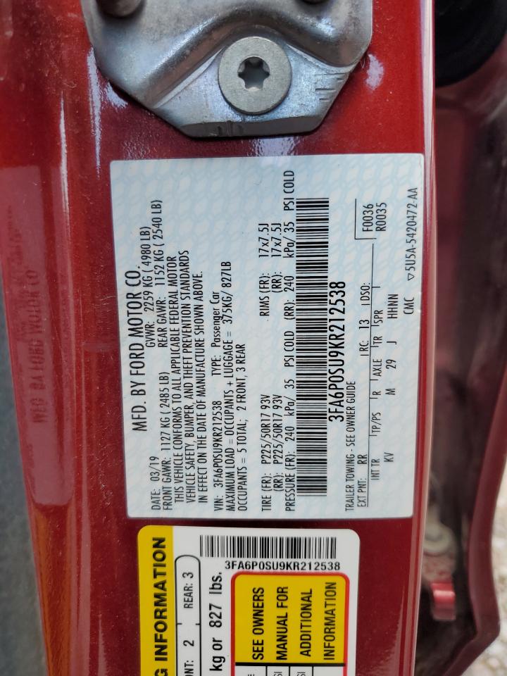 2019 Ford Fusion Titanium VIN: 3FA6P0SU9KR212538 Lot: 64102404