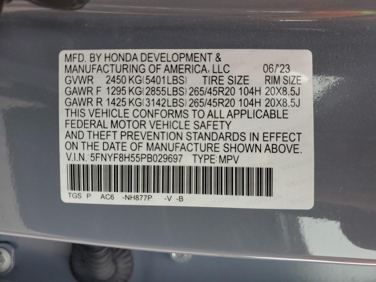 2023 Honda Passport Exl VIN: 5FNYF8H55PB029697 Lot: 62394434