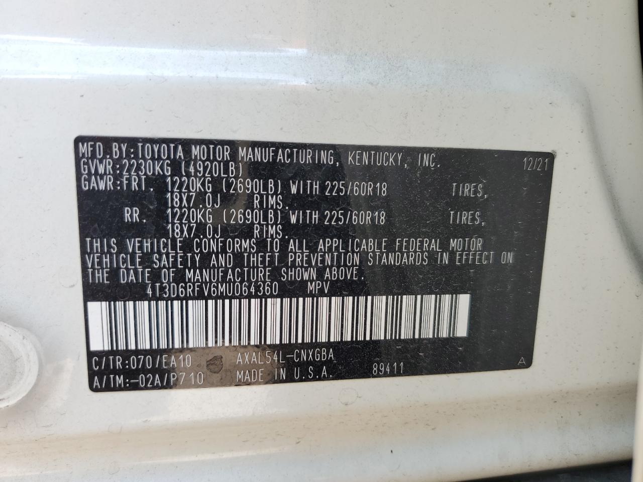 2021 Toyota Rav4 Limited VIN: 4T3D6RFV6MU064360 Lot: 64768894