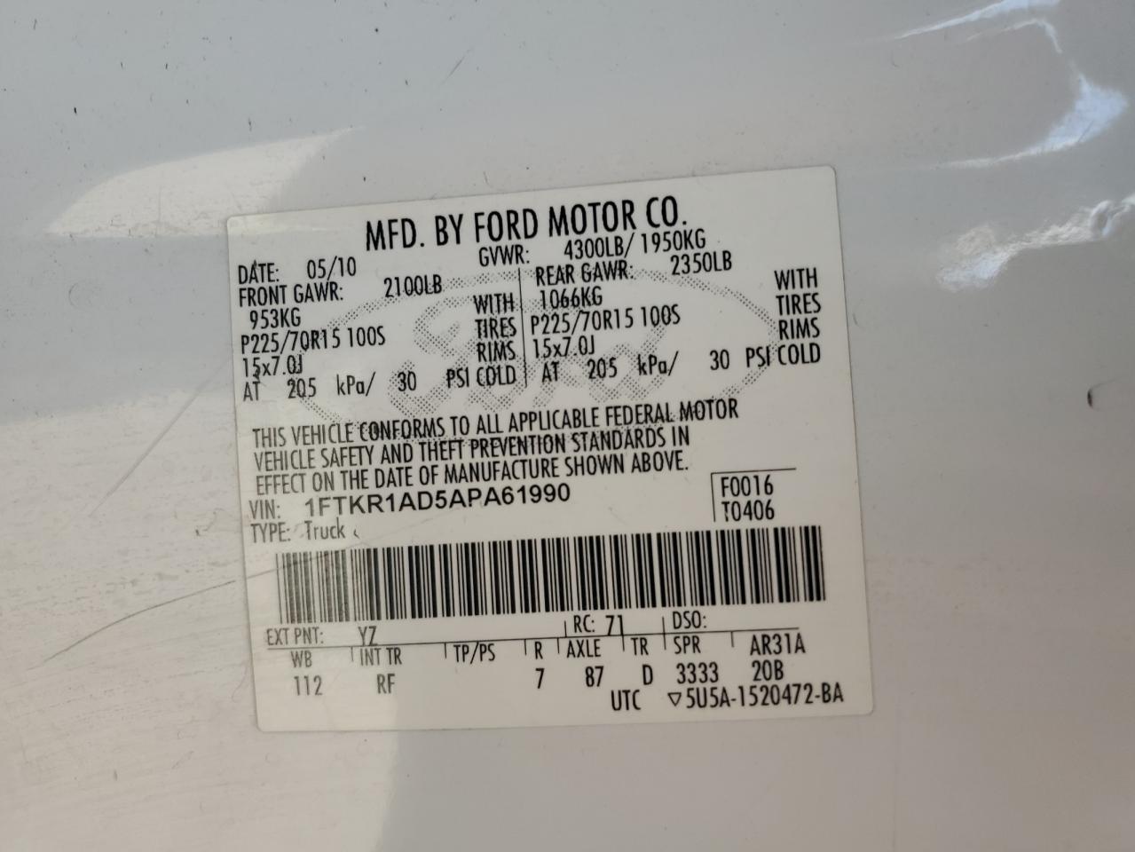 2010 Ford Ranger VIN: 1FTKR1AD5APA61990 Lot: 62896804