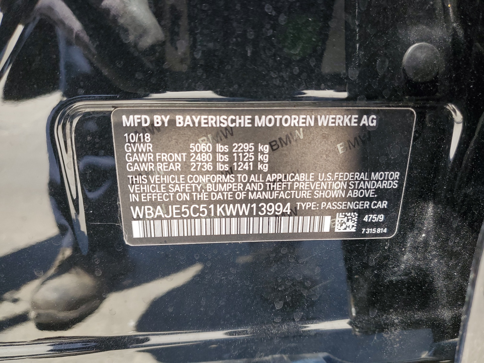 WBAJE5C51KWW13994 2019 BMW 540 I