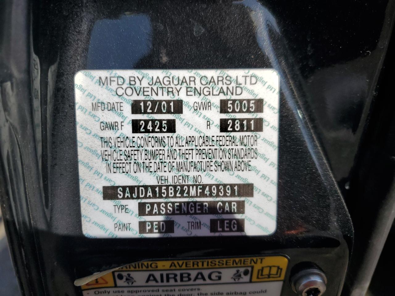 2002 Jaguar Xjr VIN: SAJDA15B22MF49391 Lot: 63805514