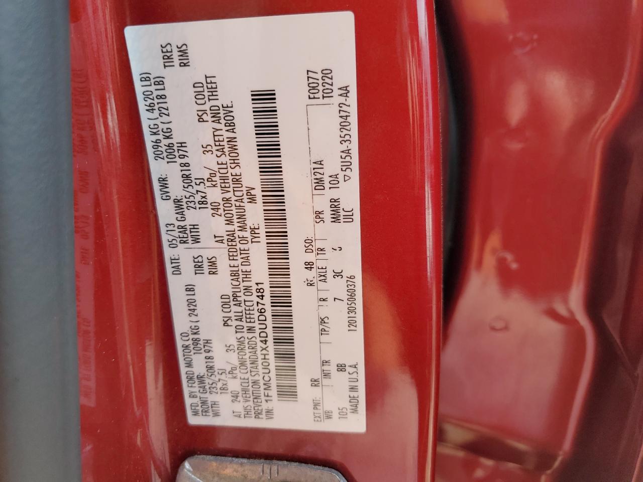 2013 Ford Escape Sel VIN: 1FMCU0HX4DUD67481 Lot: 64485134