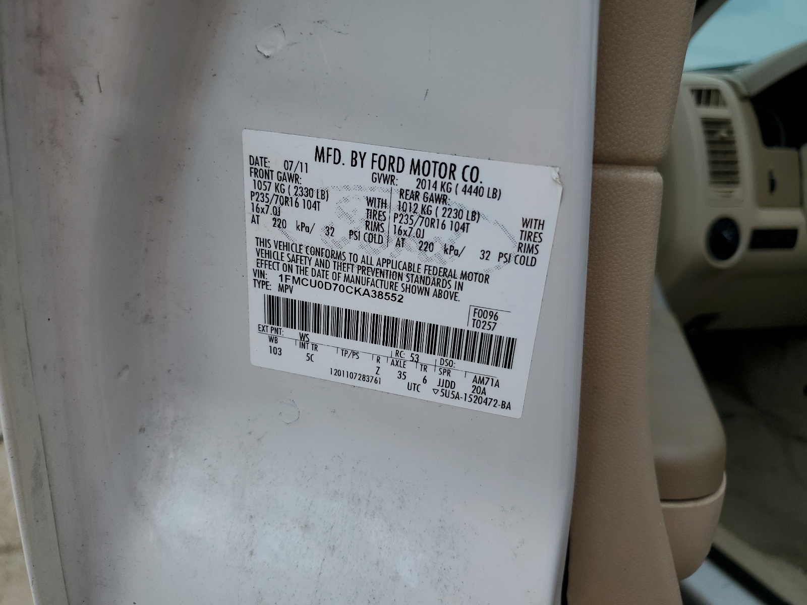 1FMCU0D70CKA38552 2012 Ford Escape Xlt