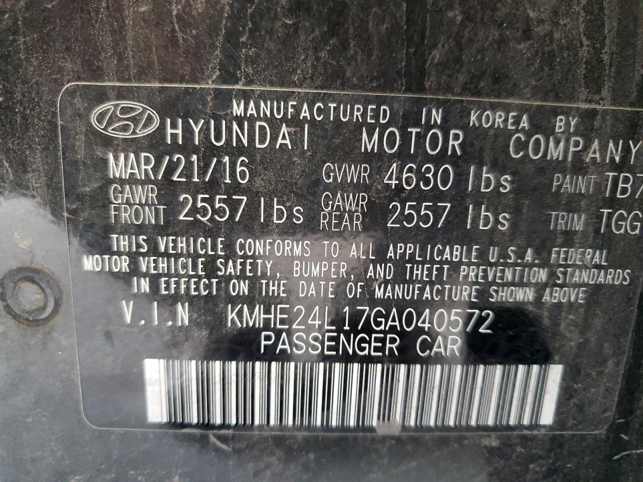 2016 Hyundai Sonata Hybrid VIN: KMHE24L17GA040572 Lot: 60886074